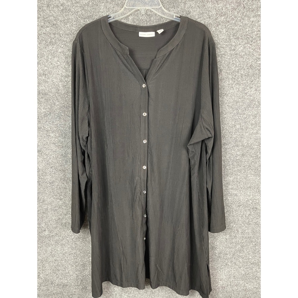 Susan Graver Tunic Top Women 3XL Black Button Front Textured Long Sleeve
